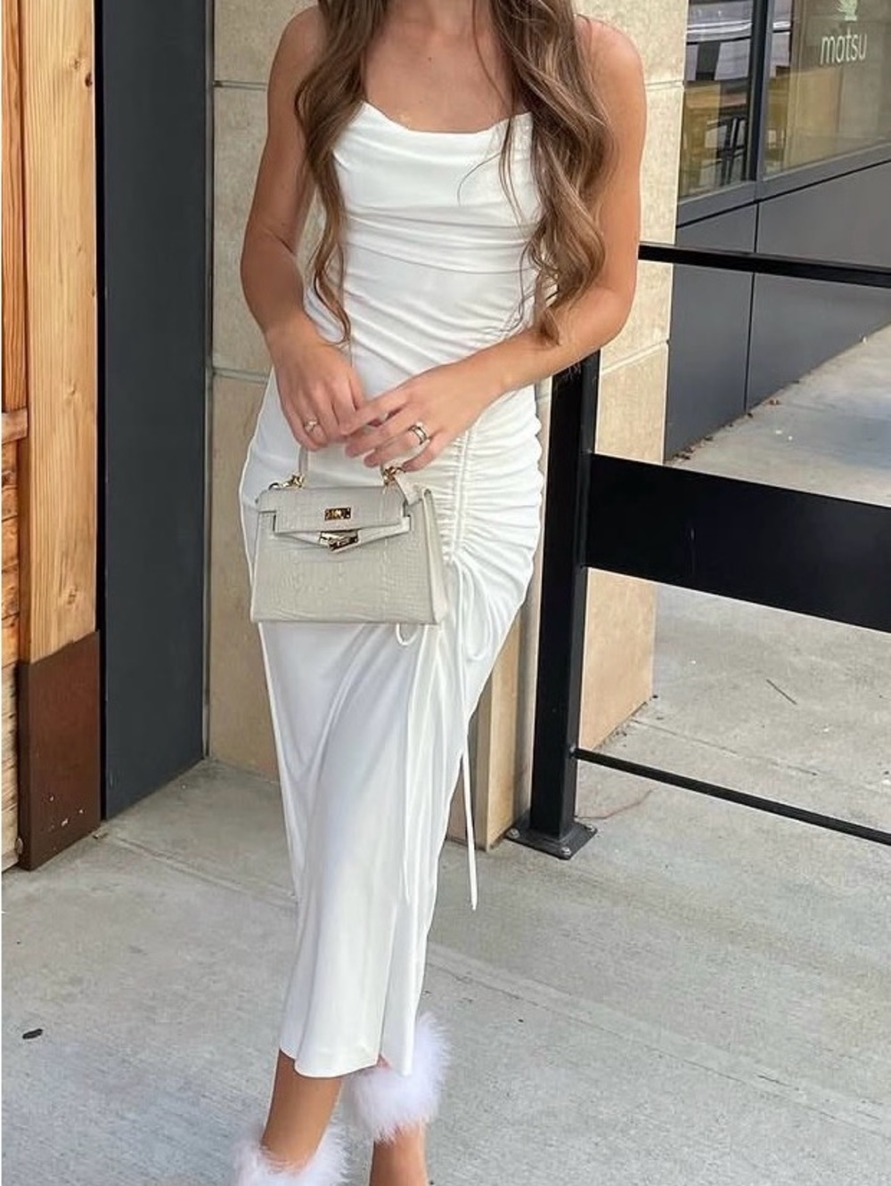 Zara White Ruched Slip Midi Dress